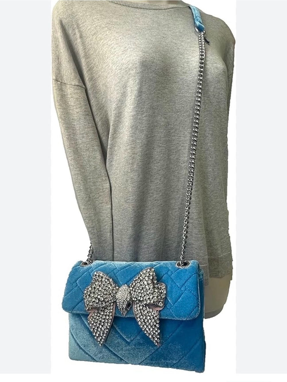 Kurt Geiger Blue Quilted Velvet Crossbody with Crystal Bow - Picture 4 of 6